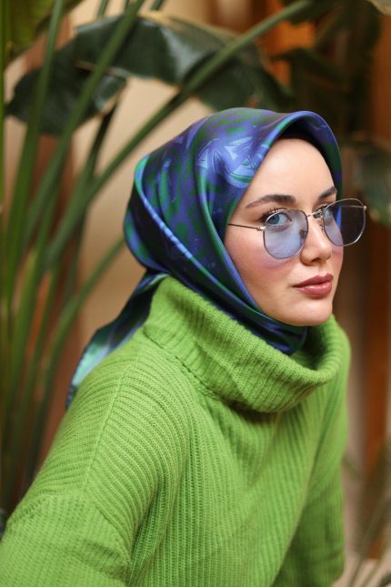 Silk Home Yeşil Mavi Karma Desen Tivil İpek Eşarp 11419-02
