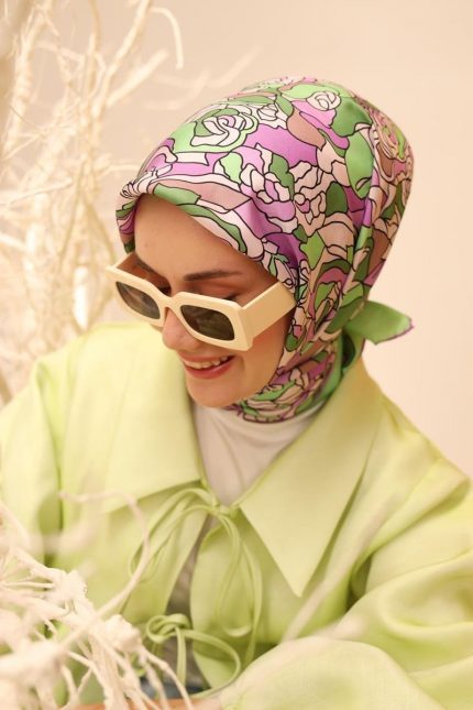Silk Home Yeşil Mor Tivil İpek Eşarp 11434-08 Çiçek Desen
