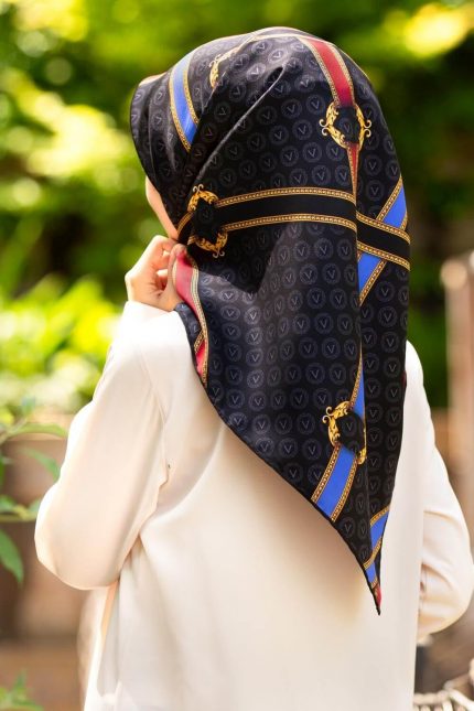 Vissona Siyah Saks Karma Desen Tivil İpek Eşarp 10653-0001-0032