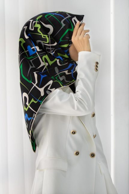 Vissona Siyah-Saks Mavi Geometrik Desenli Tivil İpek Eşarp 51736-32-36
