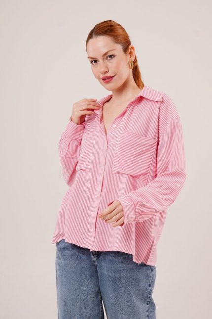 Yarasa Kol Çizgili Cep Detaylı Pembe Gömlek