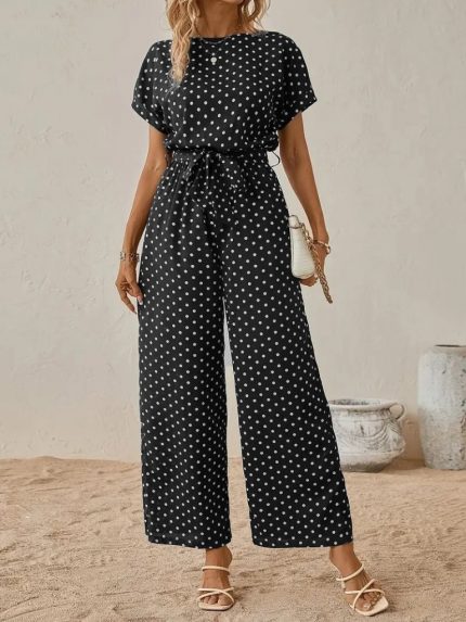 Kadın Kısa Kollu Kayık Yaka Belden Kuşaklı örme Krep Tulum