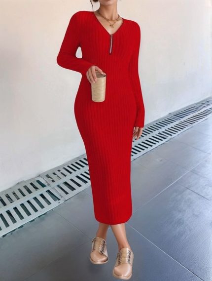 Kadın Uzun Kollu Fermuar Detay Fitilli Kaşkorse Kumaş Maxi Boy Elbise