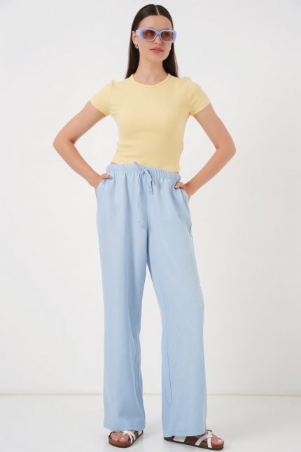 Geniş Paça Keten Pantolon 6735 - Mavi