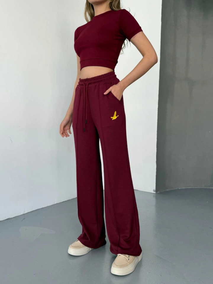 Osy Modal Yumuşak Dokulu Kumaş Nakış Işlemeli Rahat Bol Paça Eşofman Pantalon - Bordo