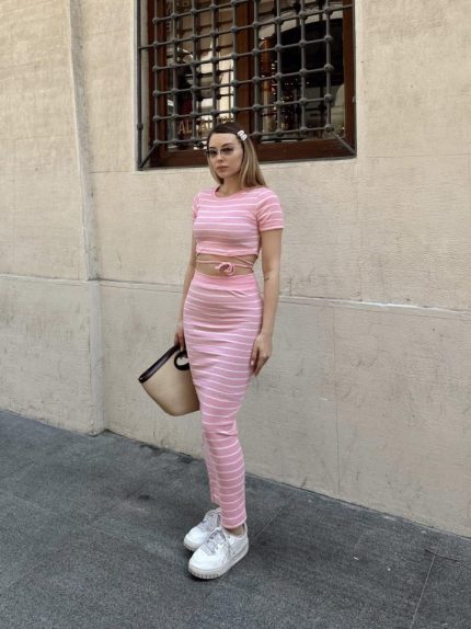 Kadın Bisiklet Yaka Bağcık Detay Crop Ve Yüksek Bel çizgi Desen Etek Ikili Takım