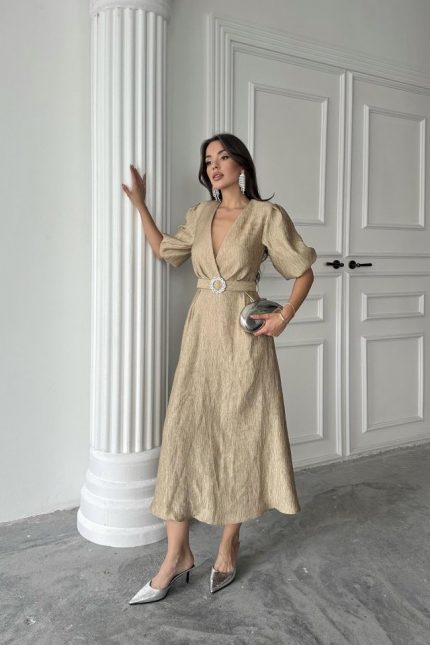 Gold Işıltılı Kemerli Kruvaze Elbise