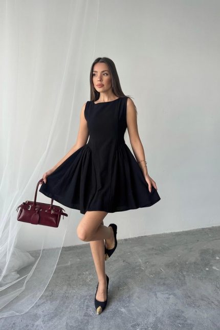 Siyah Mini Boy Büzgülü Keten Elbise