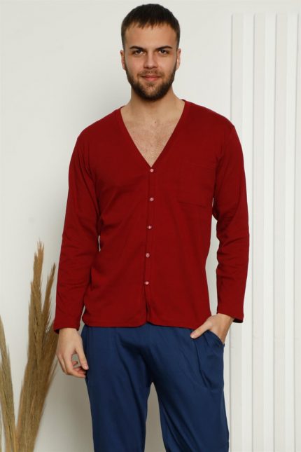Modelisse - Erkek %100 Pamuk Önden Düğmeli Cepli Uzun Kollu Pijama Takımı 6767