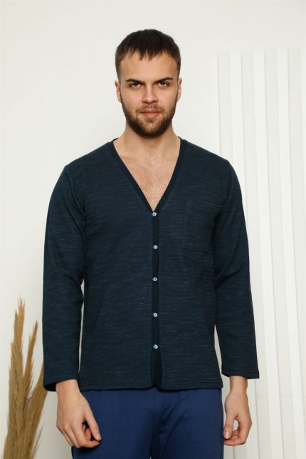 Modelisse - Erkek %100 Pamuk Önden Düğmeli Cepli Uzun Kollu Pijama Takımı 6768