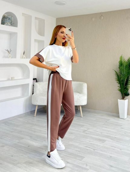 Kadın Modal Dokulu Kumaş Yanı şeritli Takım