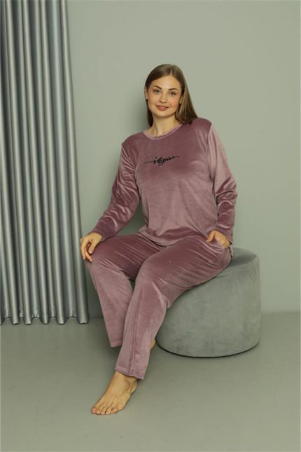 Modelisse - Büyük Beden Kadın Kadife Mor Pijama Takım 20628