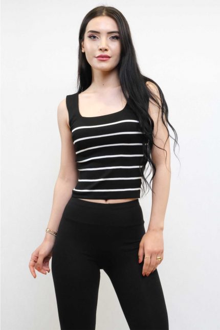 Modelisse - Kare Yaka Çizgili Triko Bluz Siyah