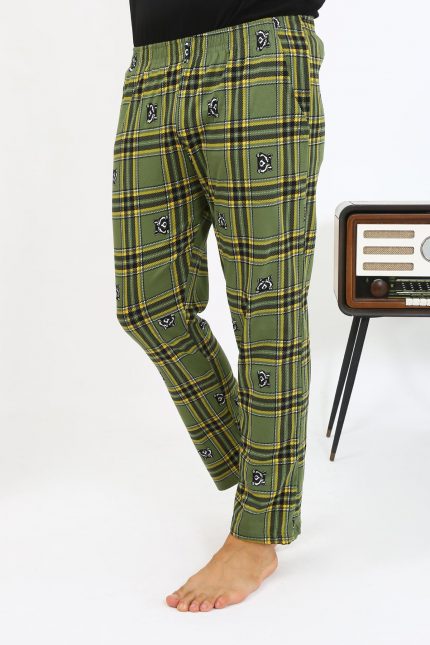 Modelisse - Erkek Ekoseli Desen Penye Tek Alt Pijama 27540 Haki