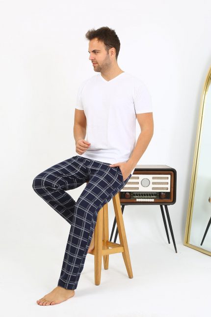 Modelisse - Erkek Ekoseli Desen Penye Tek Alt Pijama 27540 Lacivert