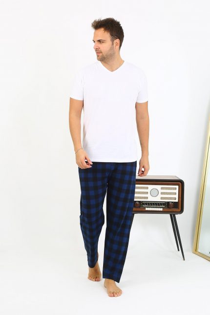 Modelisse - Erkek Ekoseli Desen Penye Tek Alt Pijama 27540 Siyah