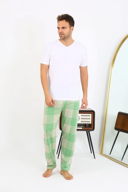 Modelisse - Erkek Ekoseli Desen Penye Tek Alt Pijama 27540 Yeşil