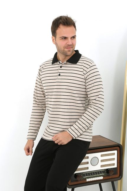 Modelisse - Erkek Polo Yaka Uzun Kol Penye Pijama Takımı 6862 Krem