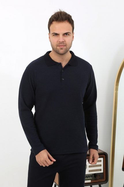 Modelisse - Erkek Polo Yaka Uzun Kol Penye Pijama Takımı 6862 Lacivert