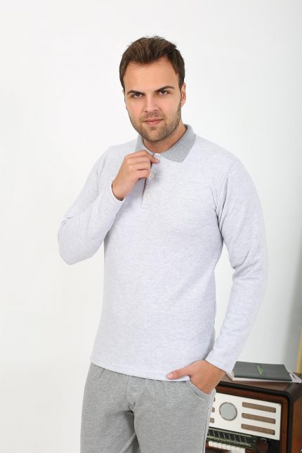 Modelisse - Erkek Polo Yaka Uzun Kol Penye Pijama Takımı Gri 6864