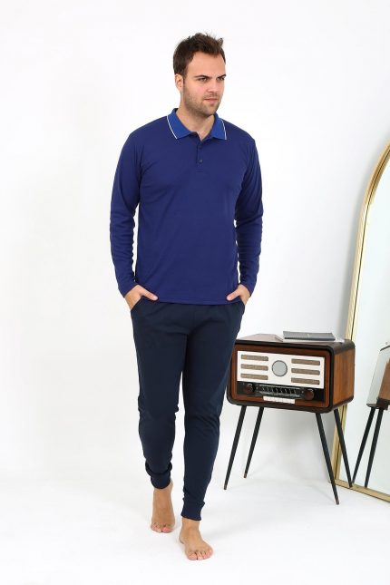 Modelisse - Erkek Polo Yaka Uzun Kol Penye Pijama Takımı Gri 6865