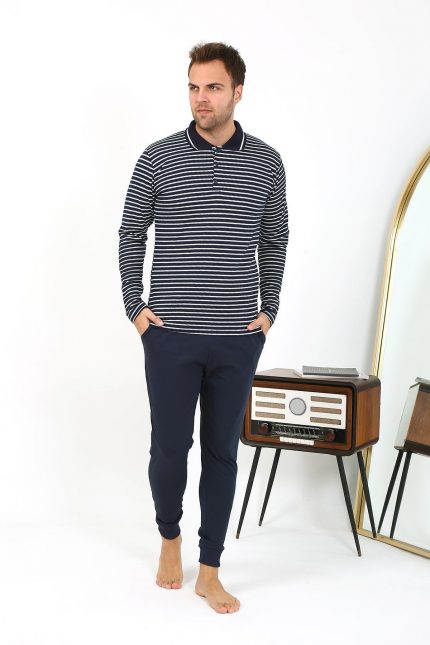 Modelisse - Erkek Polo Yaka Uzun Kol Penye Pijama Takımı Lacivert 6864
