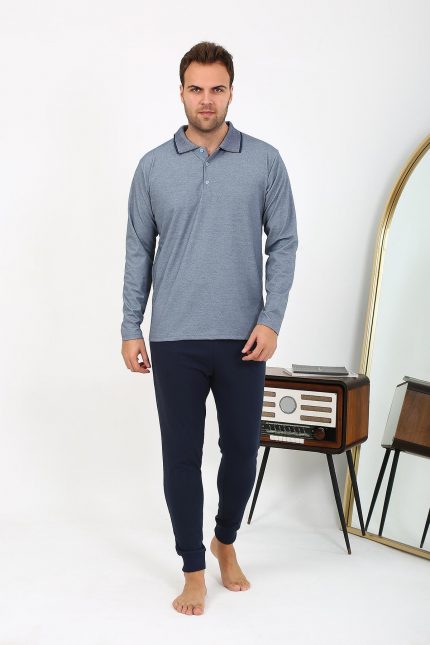 Modelisse - Erkek Polo Yaka Uzun Kol Penye Pijama Takımı Lacivert 6865