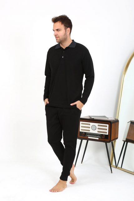 Modelisse - Erkek Polo Yaka Uzun Kol Penye Pijama Takımı Siyah 6864