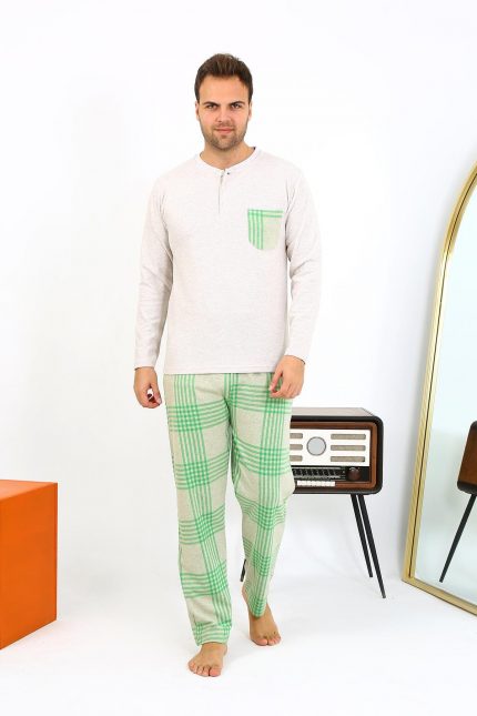 Modelisse - Erkek Uzun Kol Penye Krem Pijama Takımı 6861