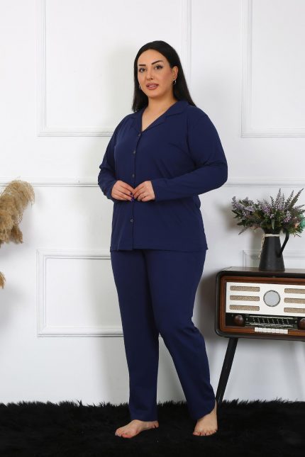 Modelisse - Kadın Büyük Beden Pamuklu Cepli Düğmeli Lacivert Pijama Takım 202401