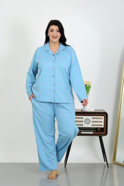 Modelisse - Kadın Büyük Beden Pamuklu Cepli Düğmeli Mavi Pijama Takım 202504