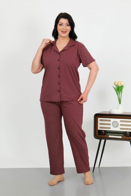 Modelisse - Kadın Büyük Beden Pamuklu Cepli Düğmeli Mor Pijama Takım 202507