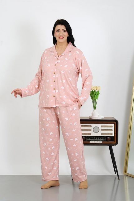 Modelisse - Kadın Büyük Beden Pamuklu Cepli Düğmeli Pudra Pijama Takım 202504