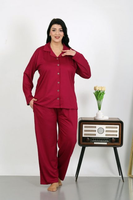 Modelisse - Kadın Büyük Beden Pamuklu Cepli Düğmeli Vişne Pijama Takım 202504
