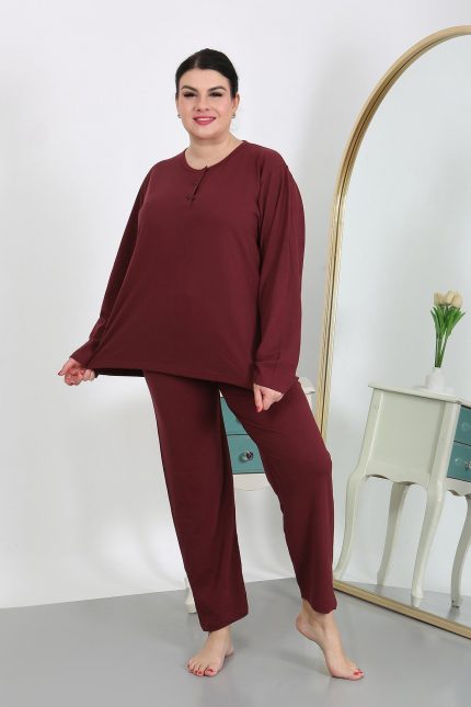 Modelisse - Kadın Büyük Beden Uzun Kol Penye Pijama Takımı Bordo 202501