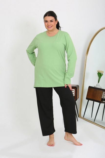 Modelisse - Kadın Büyük Beden Uzun Kol Penye Pijama Takımı Fıstık Yeşili 202408