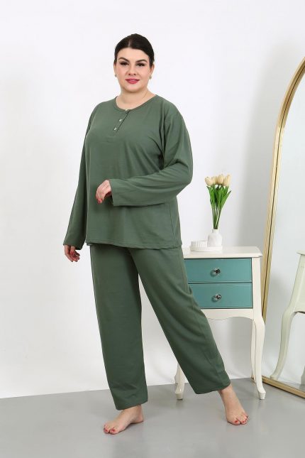 Modelisse - Kadın Büyük Beden Uzun Kol Penye Pijama Takımı Haki 202501