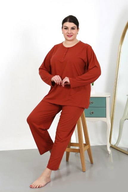Modelisse - Kadın Büyük Beden Uzun Kol Penye Pijama Takımı Kiremit 202501