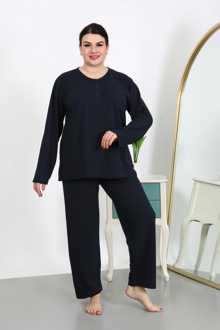 Modelisse - Kadın Büyük Beden Uzun Kol Penye Pijama Takımı Lacivert 202501