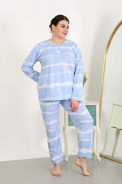 Modelisse - Kadın Büyük Beden Uzun Kol Penye Pijama Takımı Mavi 202502