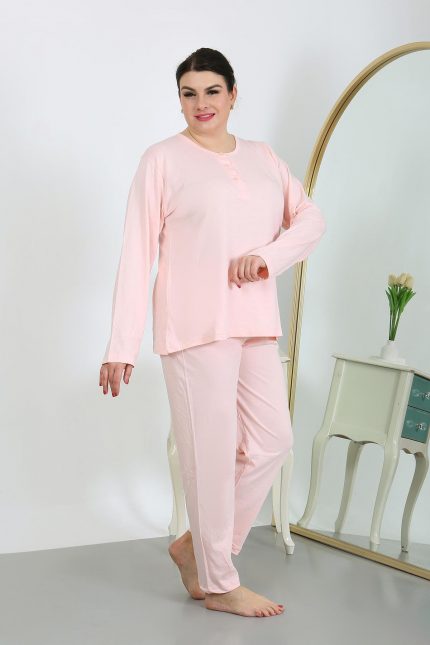 Modelisse - Kadın Büyük Beden Uzun Kol Penye Pijama Takımı Pembe 202501