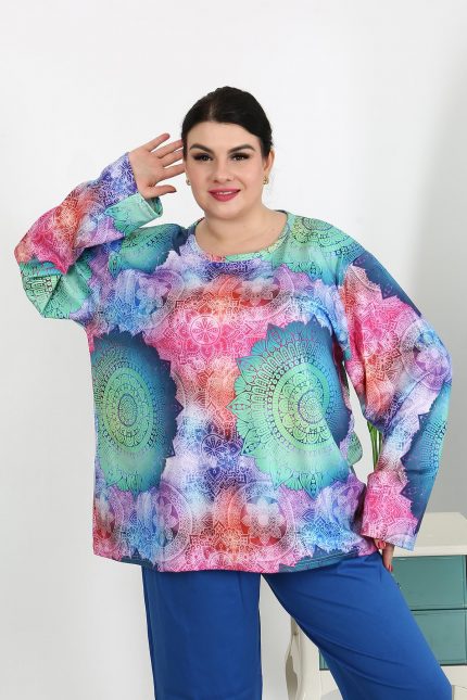 Modelisse - Kadın Büyük Beden Uzun Kol Penye Pijama Takımı Saks 202503