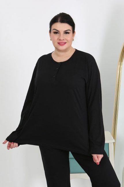 Modelisse - Kadın Büyük Beden Uzun Kol Penye Pijama Takımı Siyah 202501