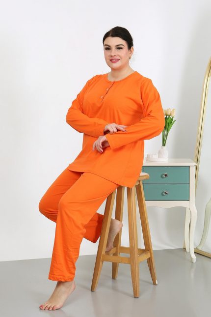 Modelisse - Kadın Büyük Beden Uzun Kol Penye Pijama Takımı Turuncu 202501