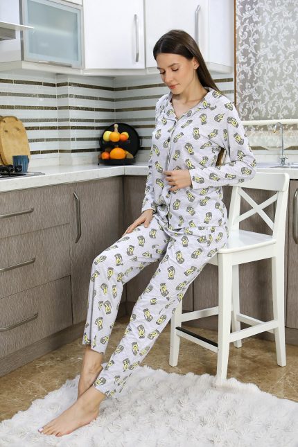 Modelisse - Kadın Pamuk Penye Önden Düğmeli Uzun Kol Pijama Takım Gri 2784