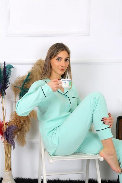 Modelisse - Kadın Pamuk Penye Önden Düğmeli Uzun Kol Su Yeşili Pijama Takım 2782