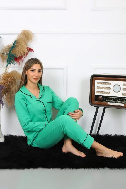 Modelisse - Kadın Pamuk Penye Önden Düğmeli Uzun Kol Yeşil Pijama Takım 2782