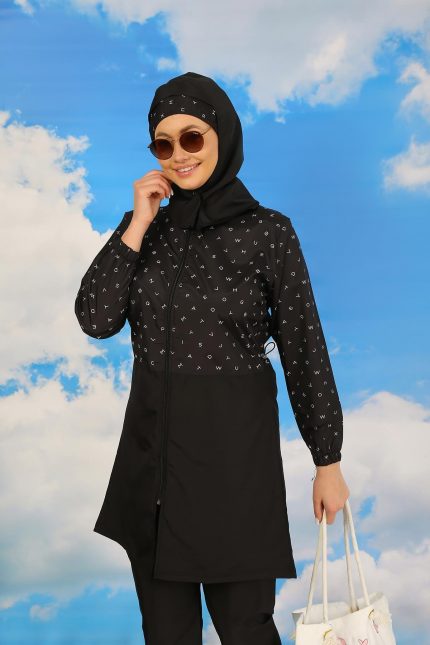Modelisse - Kadın Pantolonlu Desenli Tam Tesettür Mayo Siyah 31074