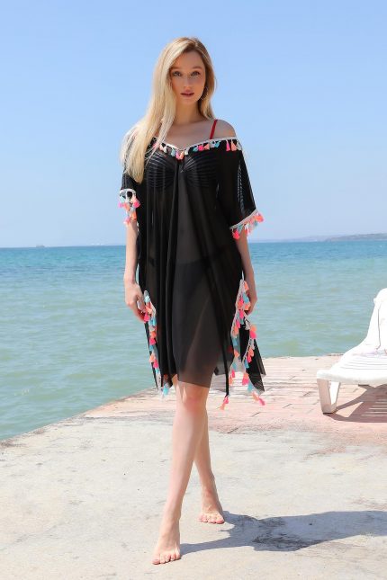 Modelisse - Kadın Püsküllü Tunik Pareo Plaj Elbisesi Siyah 38048
