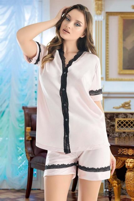 Modelisse - Kadın Saten Önden Düğmeli Şortlu Pijama Takım S-4016